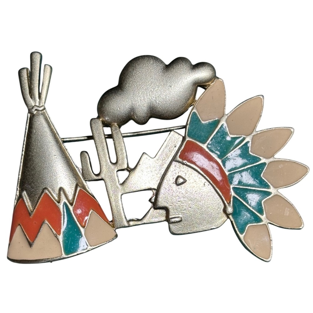 Vintage Southwestern Enamel Brooch Gold Tone Teepee Cactus Desert Scene Pin